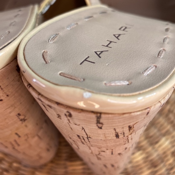 Tahari Miami Beige Yellow Patent Leather Cork 8.5 M Slip On Mules Platform - Picture 6 of 11